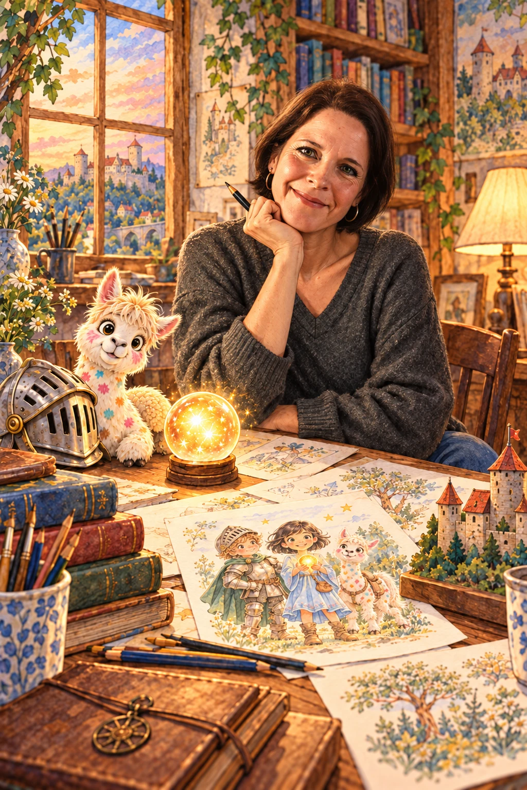 Nadja Westermann in einer fantasievoll gestalteten Schreibstube mit einer leuchtenden Zauberkugel